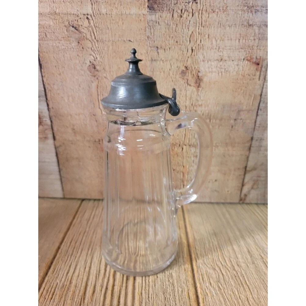 Vintage GLASS Lidded Lid Syrup Pitcher Ribbed Columns
